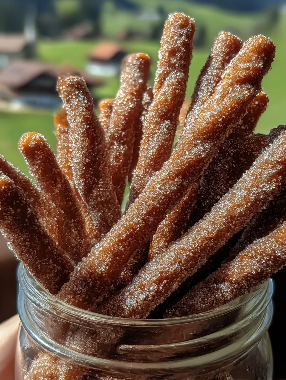 A jar filled with golden brown cinnamon sugar pretzel sticks.