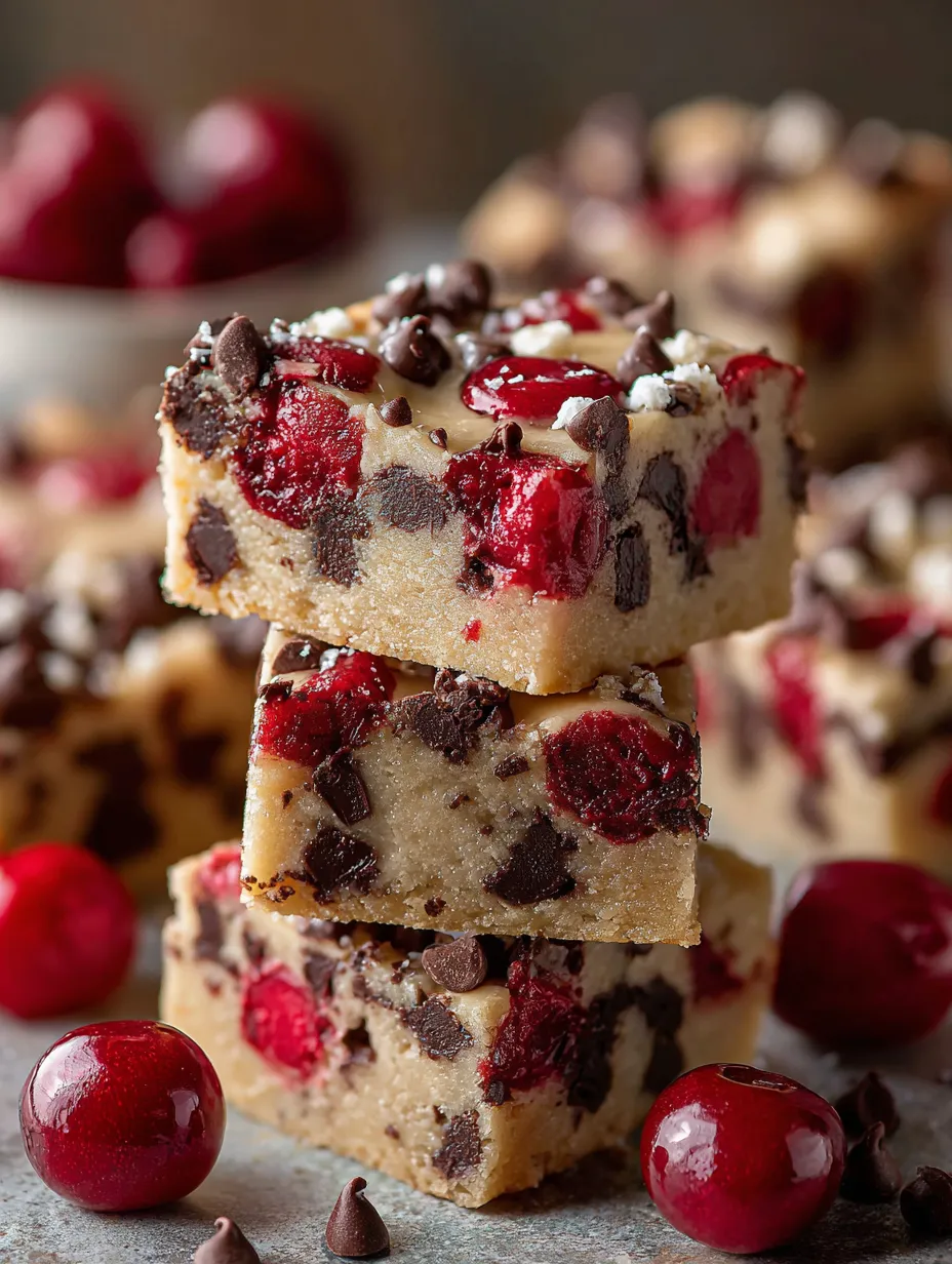 A pile of Chocolate Chip Maraschino Cherry Shortbread Bars stacked together.