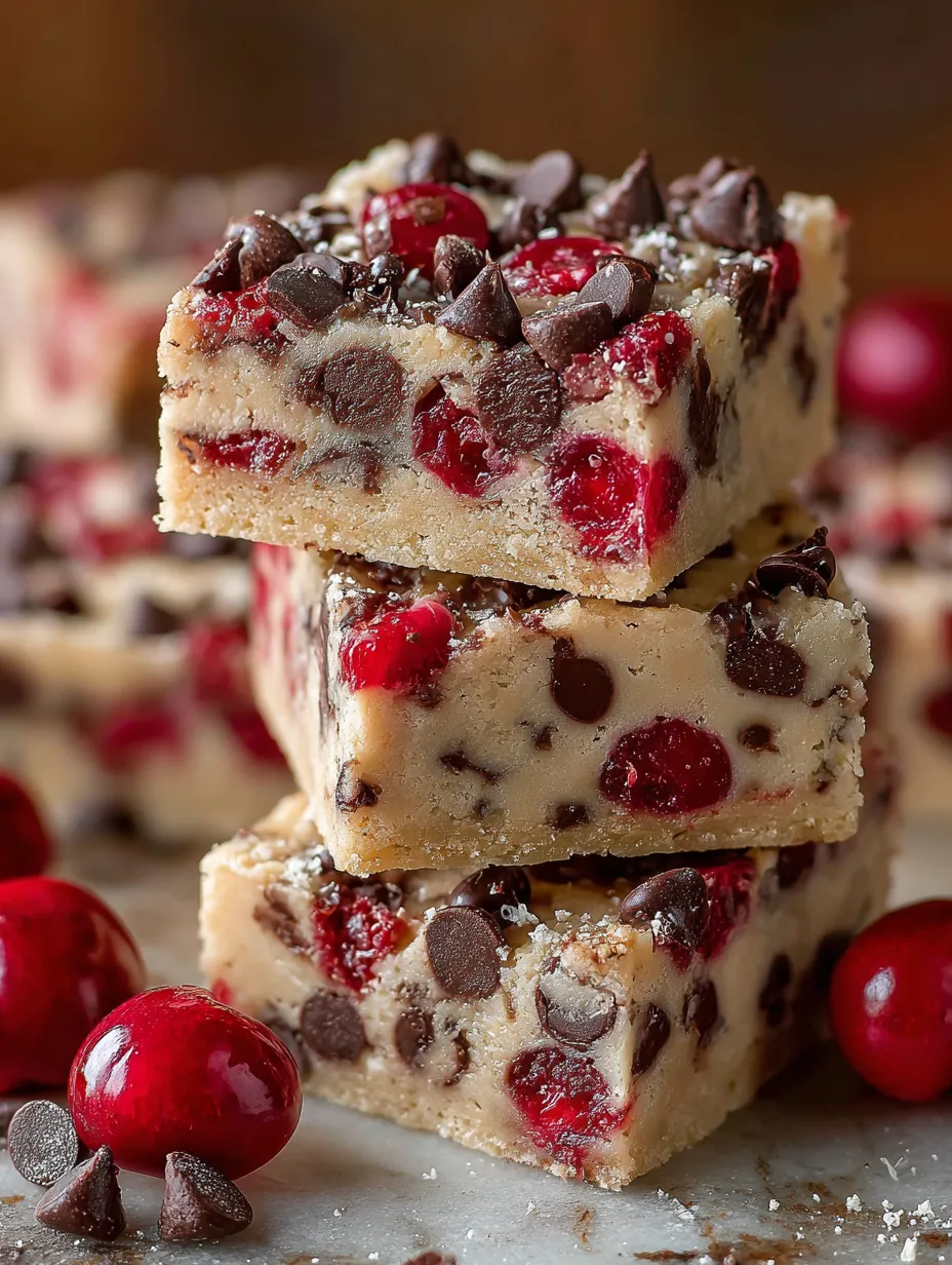 Simple Chocolate Chip Maraschino Cherry Shortbread Bars lined up on a platter.