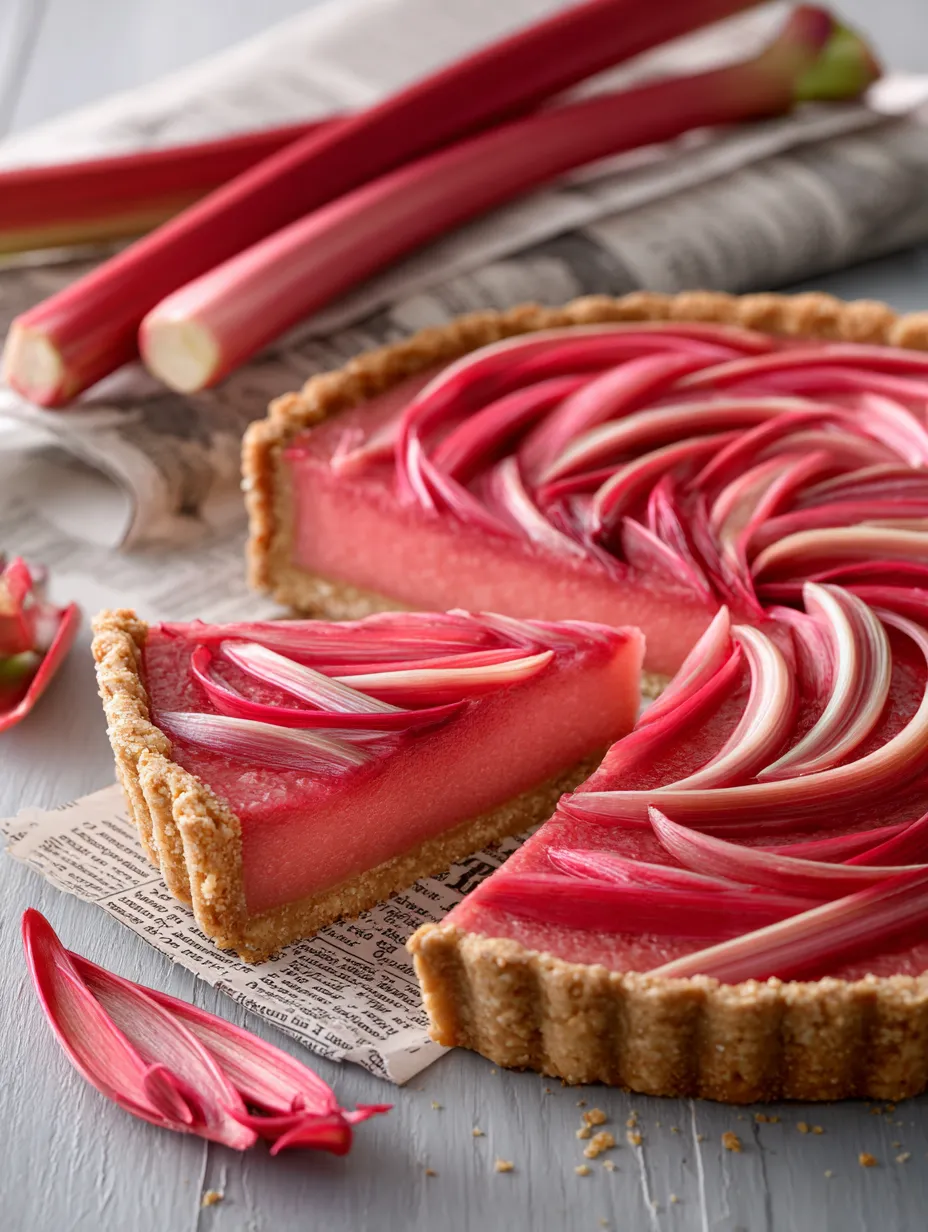 Slice of vibrant pink tart with buttery crust.