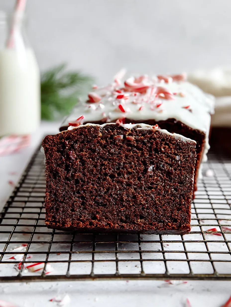 A thick slice of Chocolate Peppermint Bread with icing and candy cane.