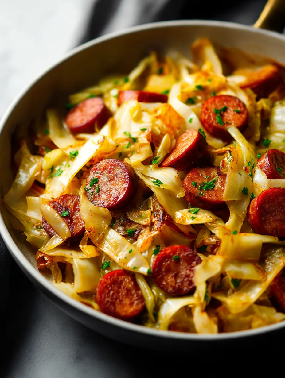 A bowl piled high with sizzling cabbage and sausage.