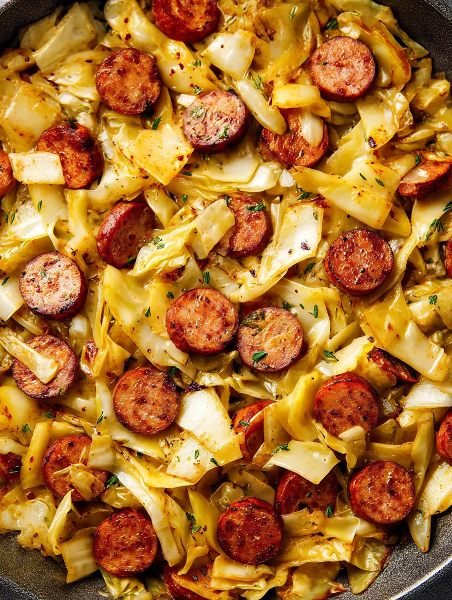 A plate full of sizzling kielbasa and sautéed cabbage.