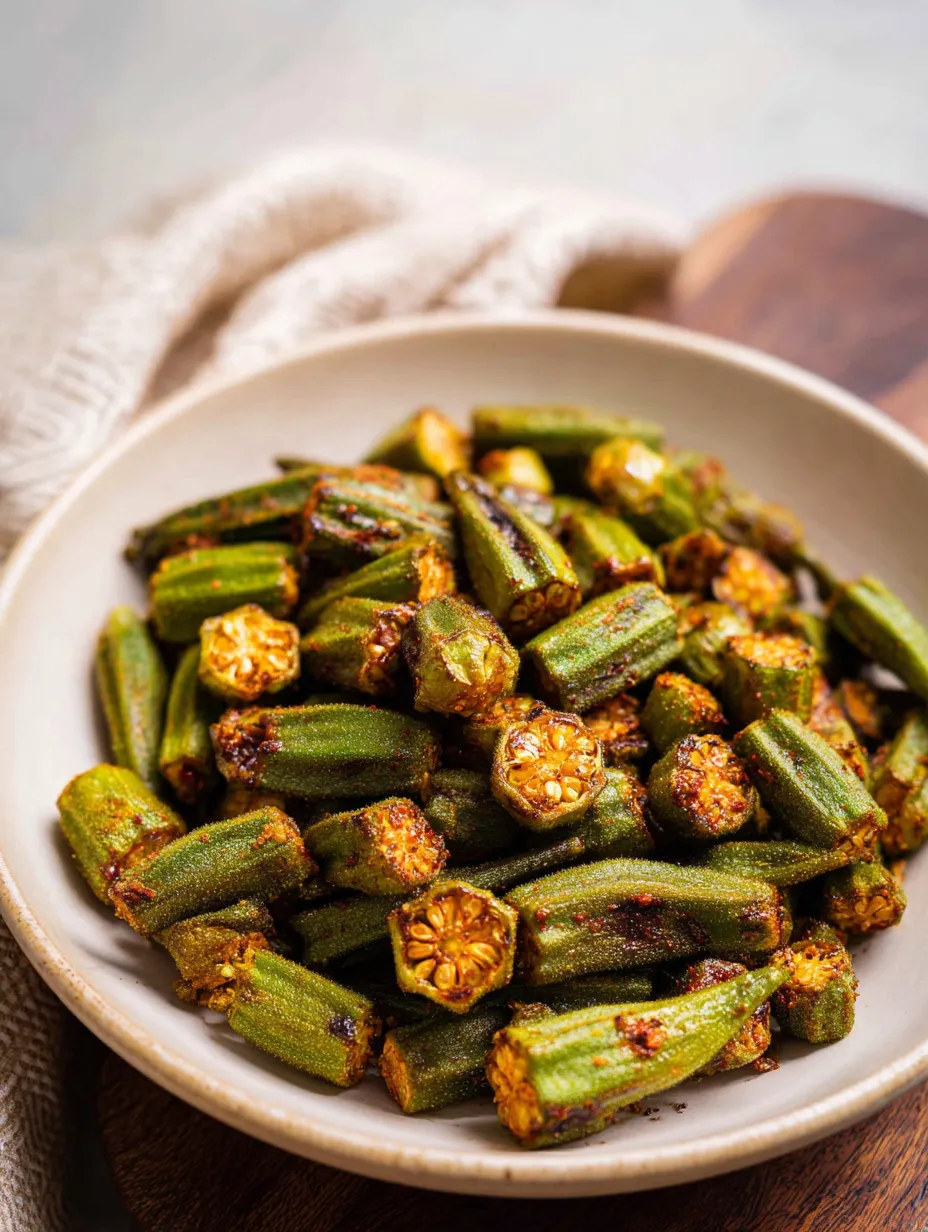A serving dish filled with roasted okra pieces.