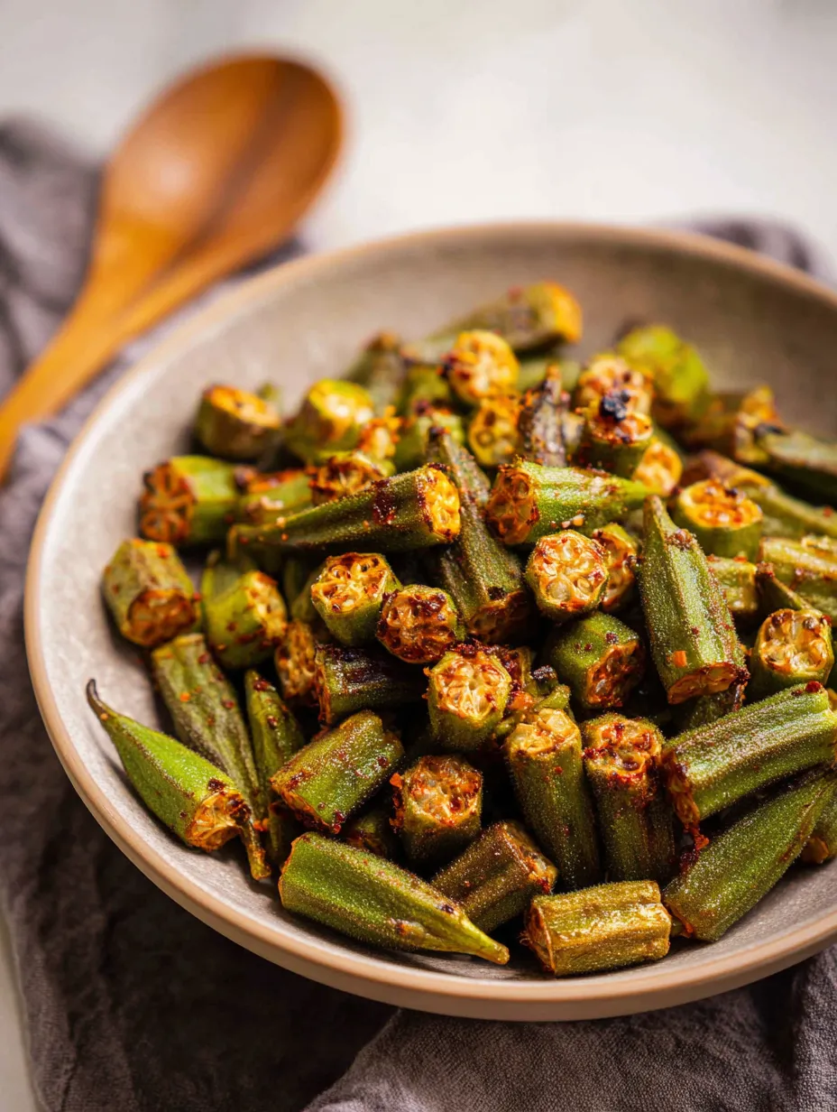 Roasted okra in a bowl, served with a wooden spoon.