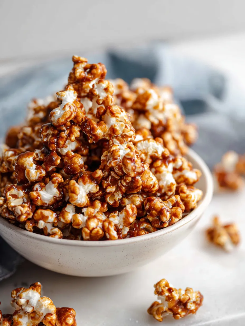 A bowl of popcorn with caramel drizzle swirling over the top.