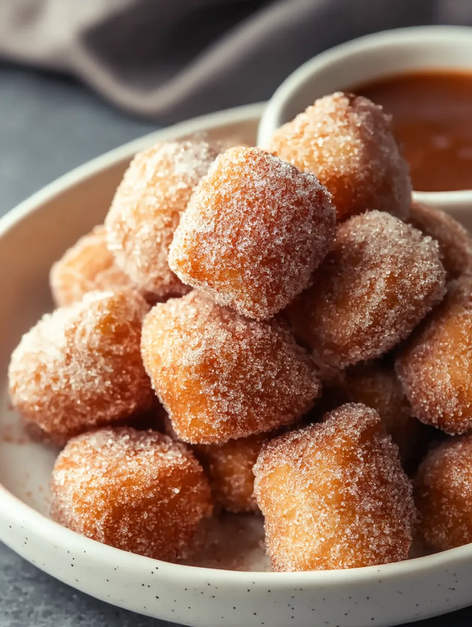 Bowl filled with sweet crunchy air fryer churro bites.
