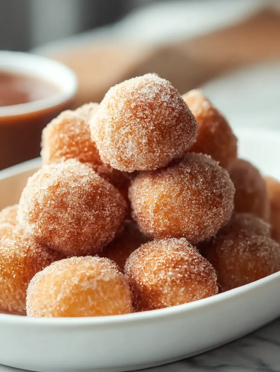 Air fried churro bites coated in cinnamon sugar with dipping sauce.