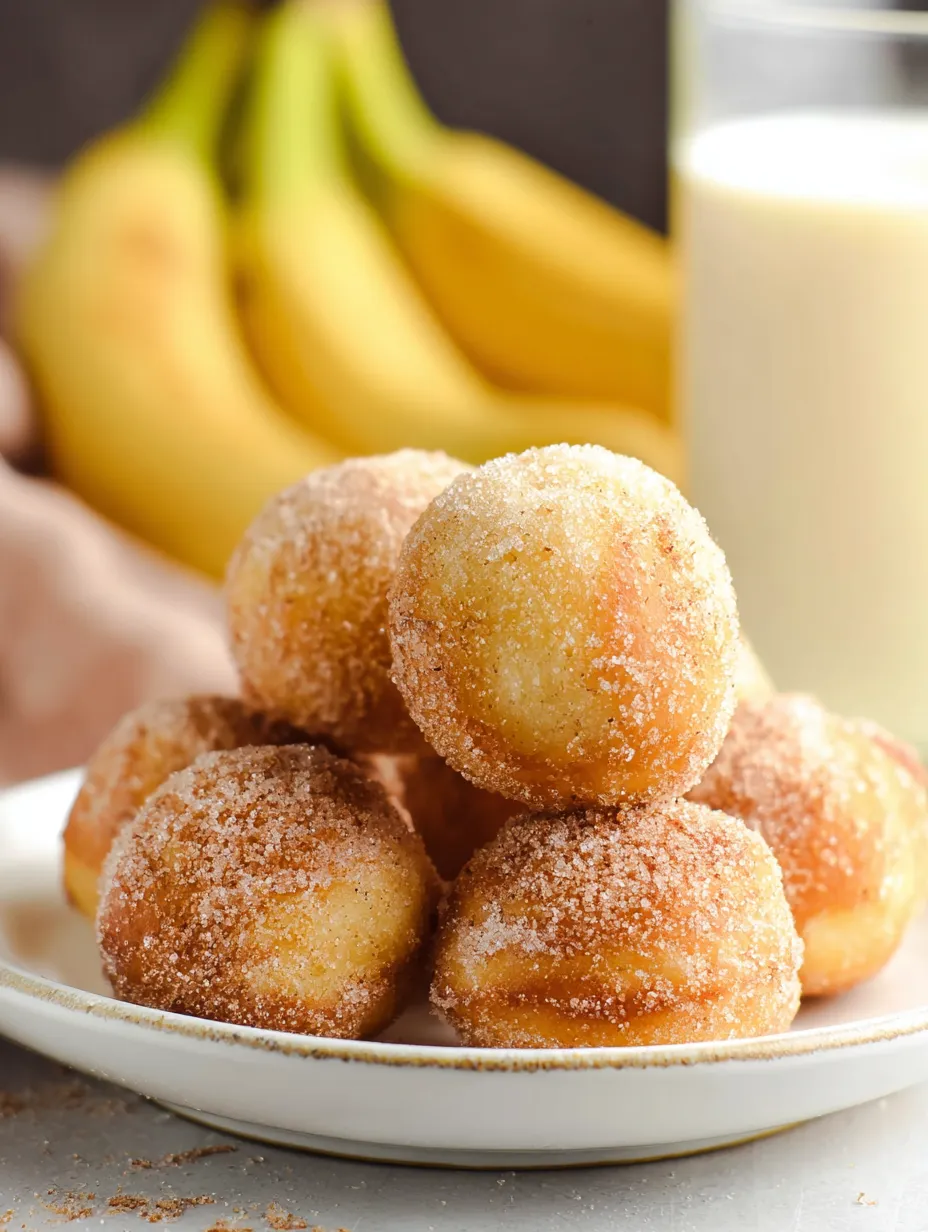 Plateful of banana donut holes with sugar coat.