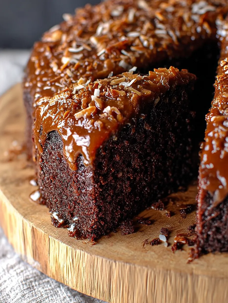 A sliced piece bursting with coconut and gooey caramel on chocolate cake.