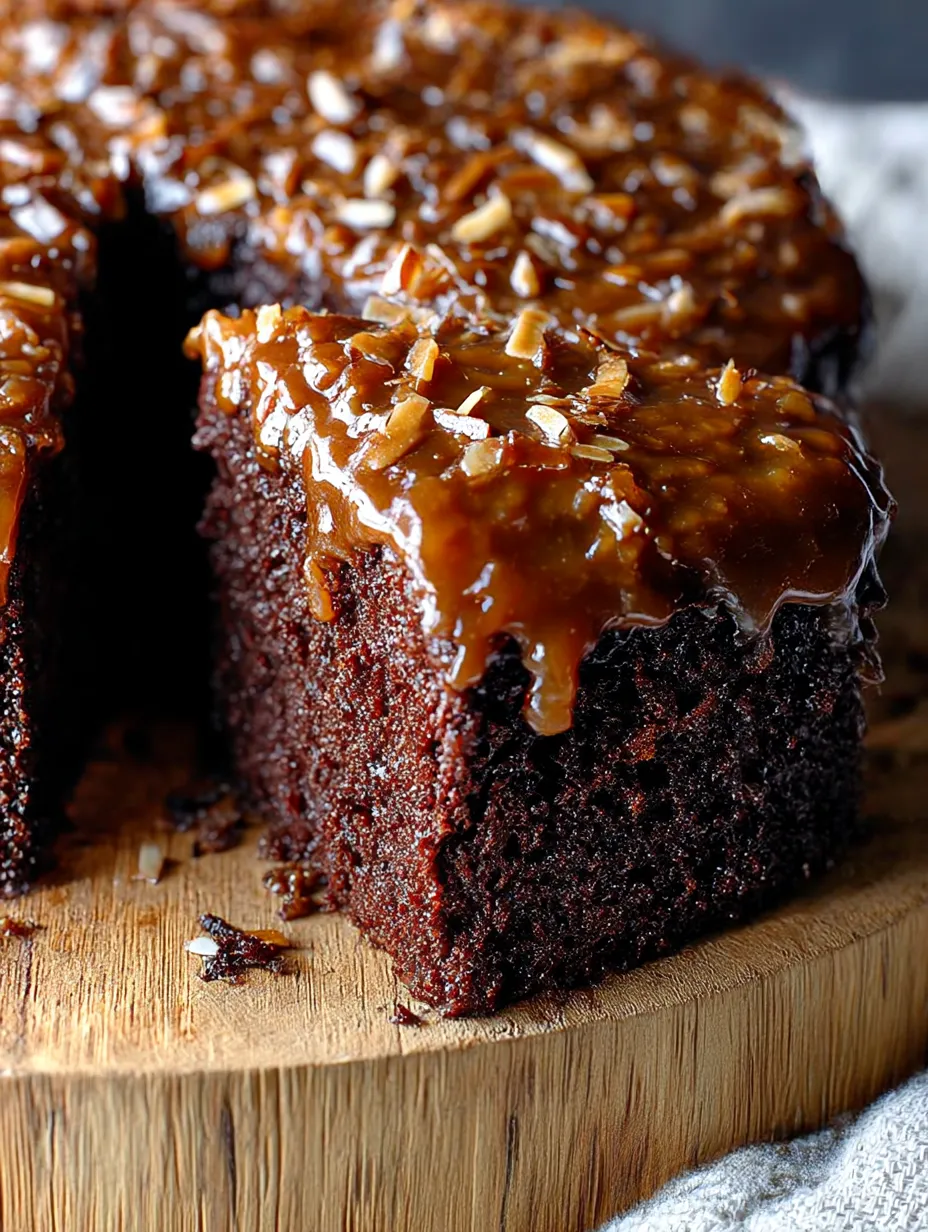 Slice of cake showing caramel and coconut topping over chocolate base.