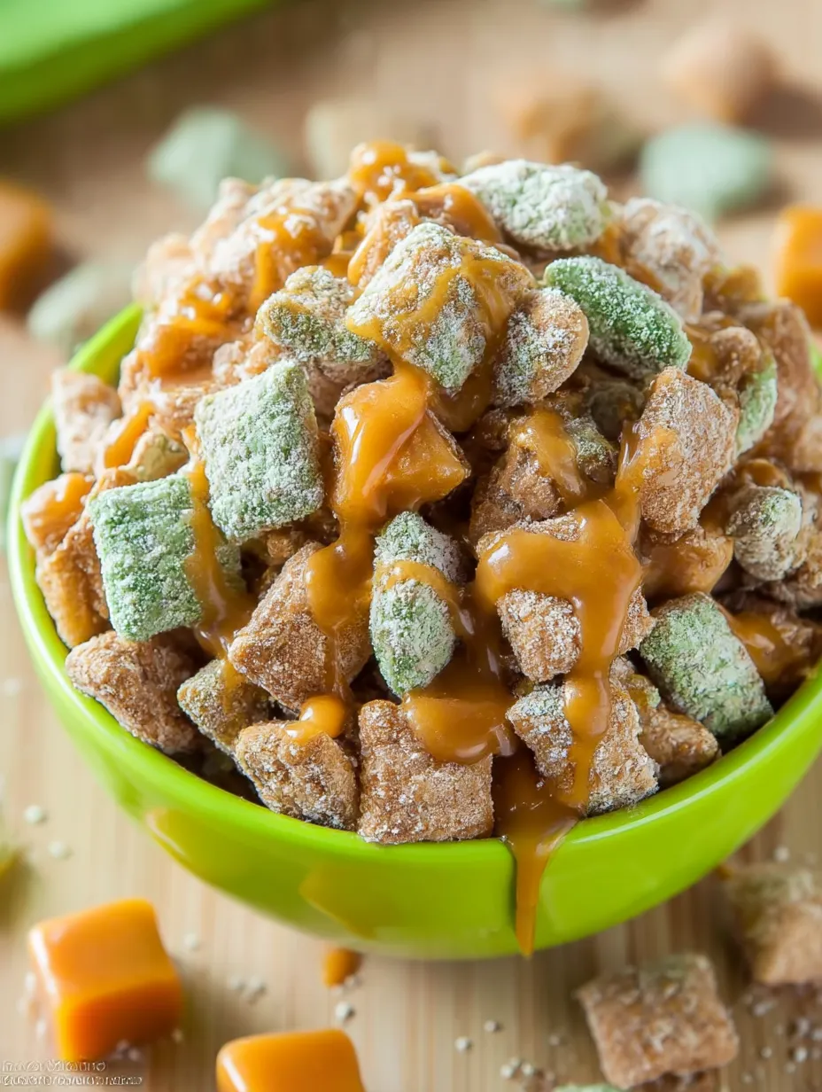 A big bowl with Caramel Apple Puppy Chow inside.