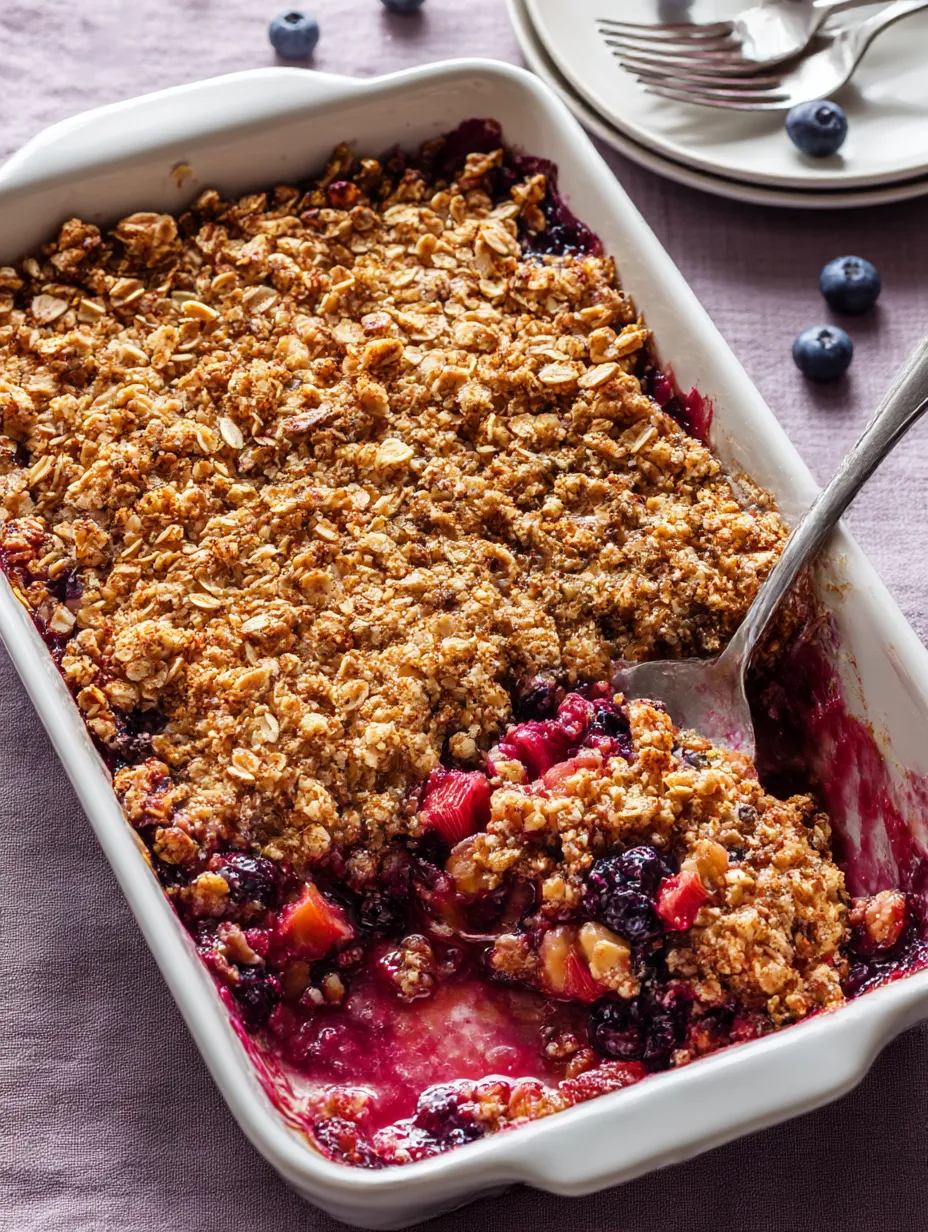 A bowl loaded with blueberry rhubarb crisp.