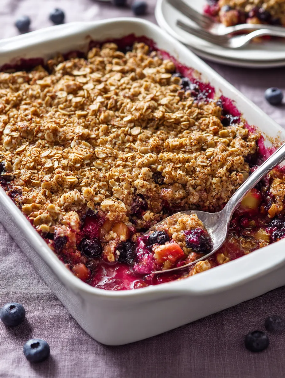 Blueberry rhubarb crisp in a baking dish.