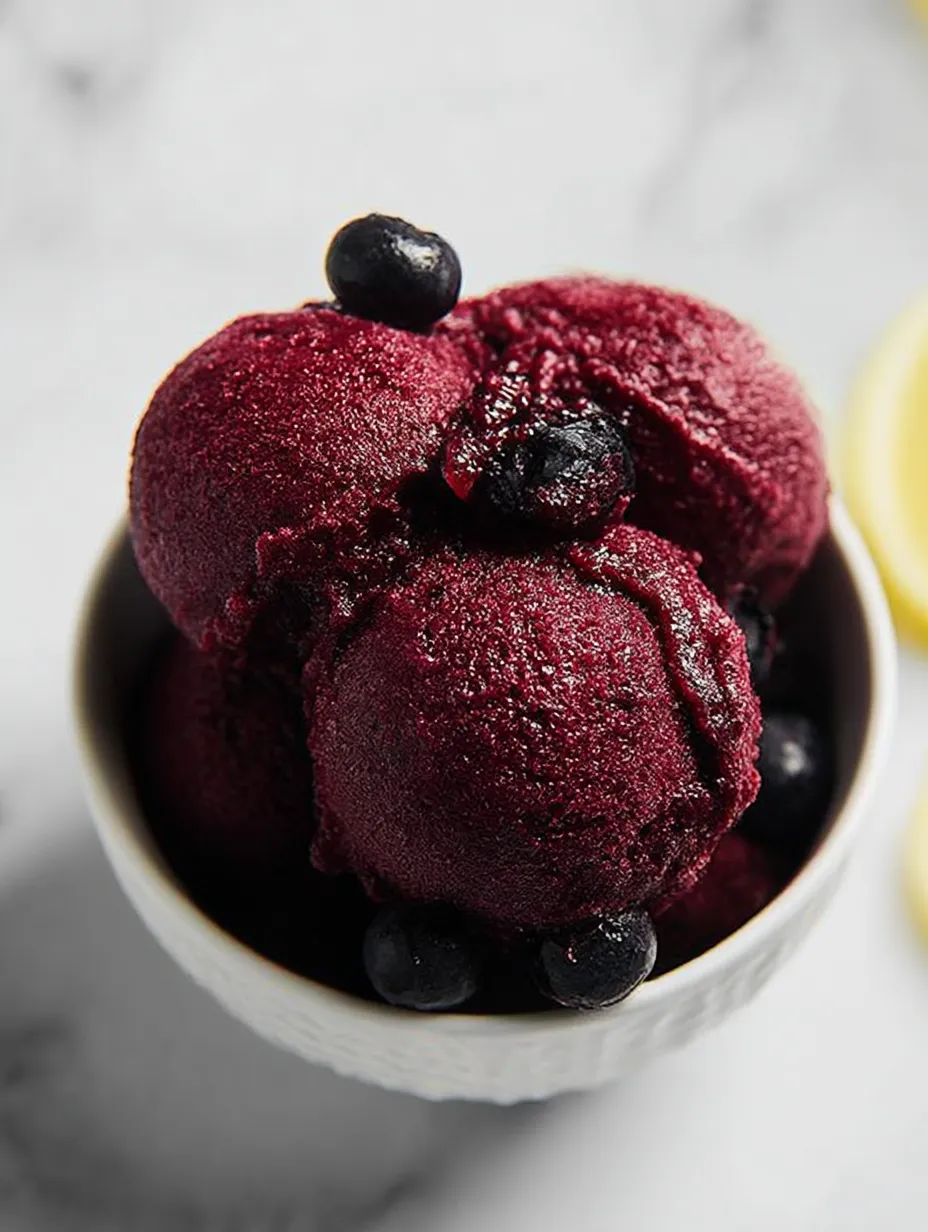 A bowl filled with Blueberry Lemon Sorbet.