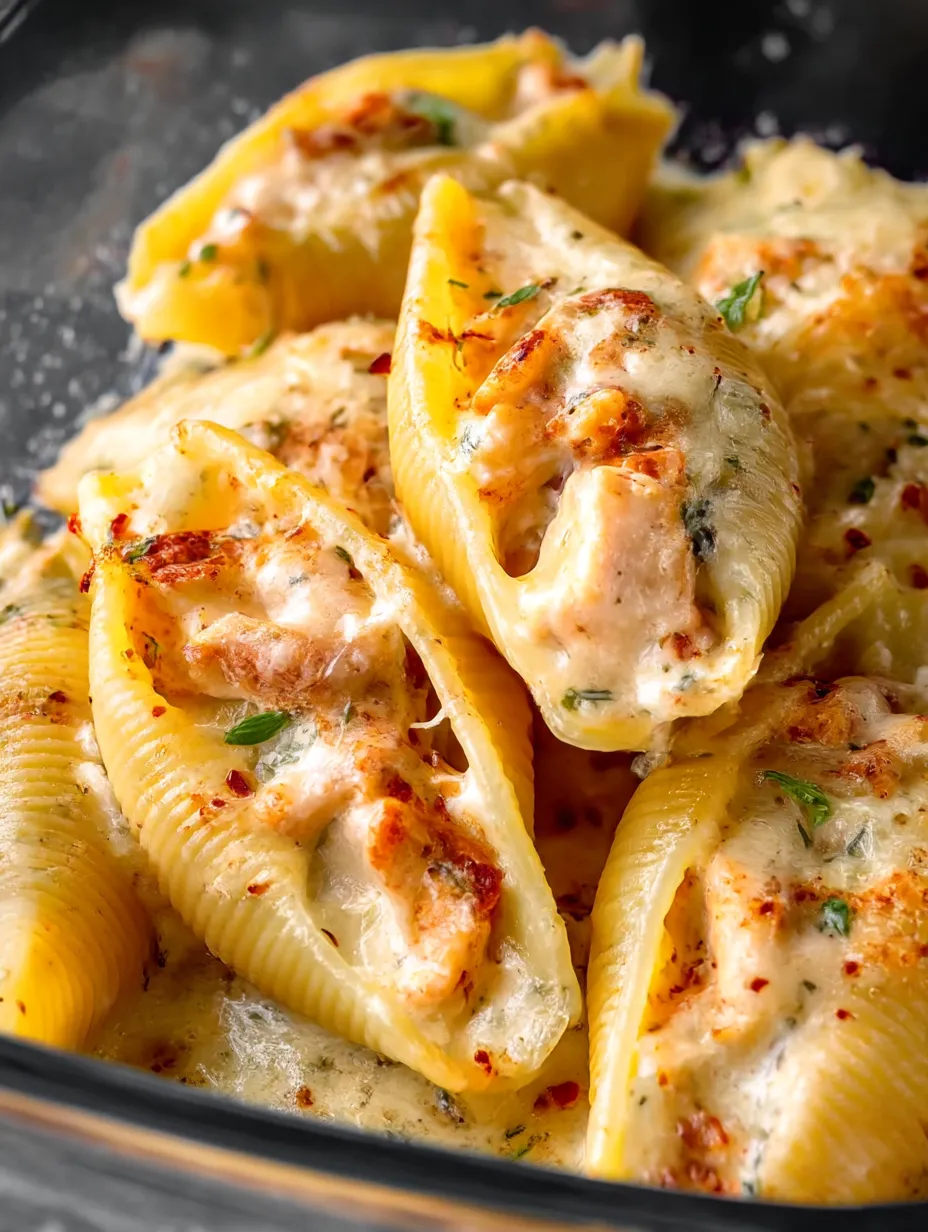 Pasta shells stuffed with chicken and melted cheese on a plate.