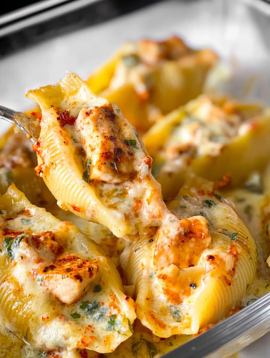 Chicken and cheese stuffed pasta shells fresh out of the oven.