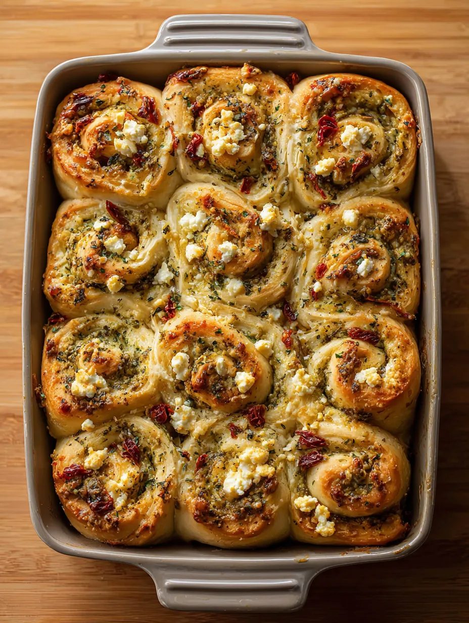 A pan of rolls with cheese and red peppers.