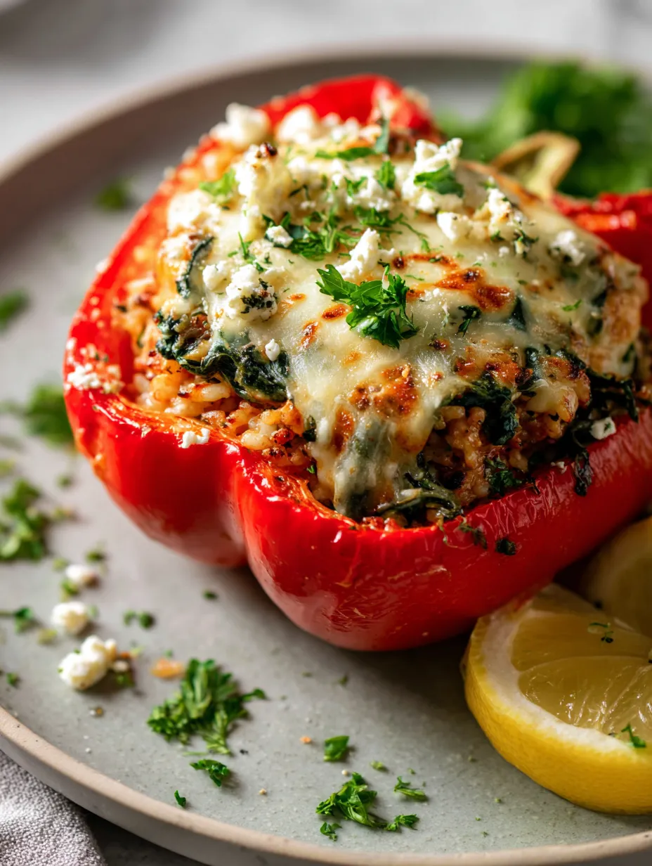 Easy Baked Greek Stuffed Peppers with Chicken.