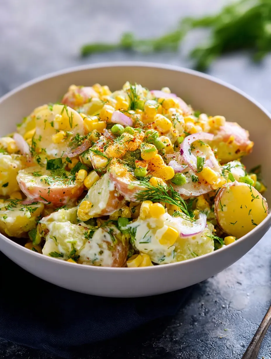A bowl stacked high with French-Style Summer Potato Salad covered in fresh corn.