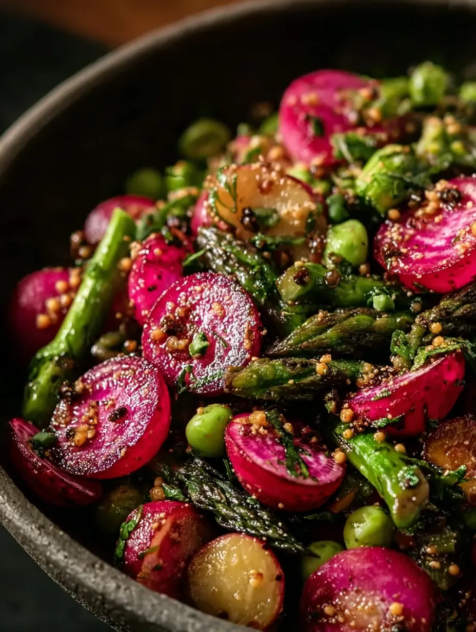A bowl of Roasted Asparagus and Radishes.