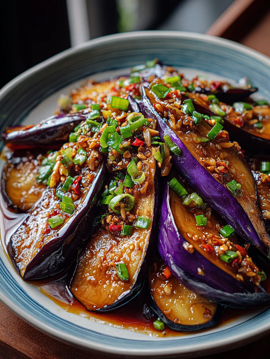 Chinese Eggplant with Garlic Sauce on a plate.