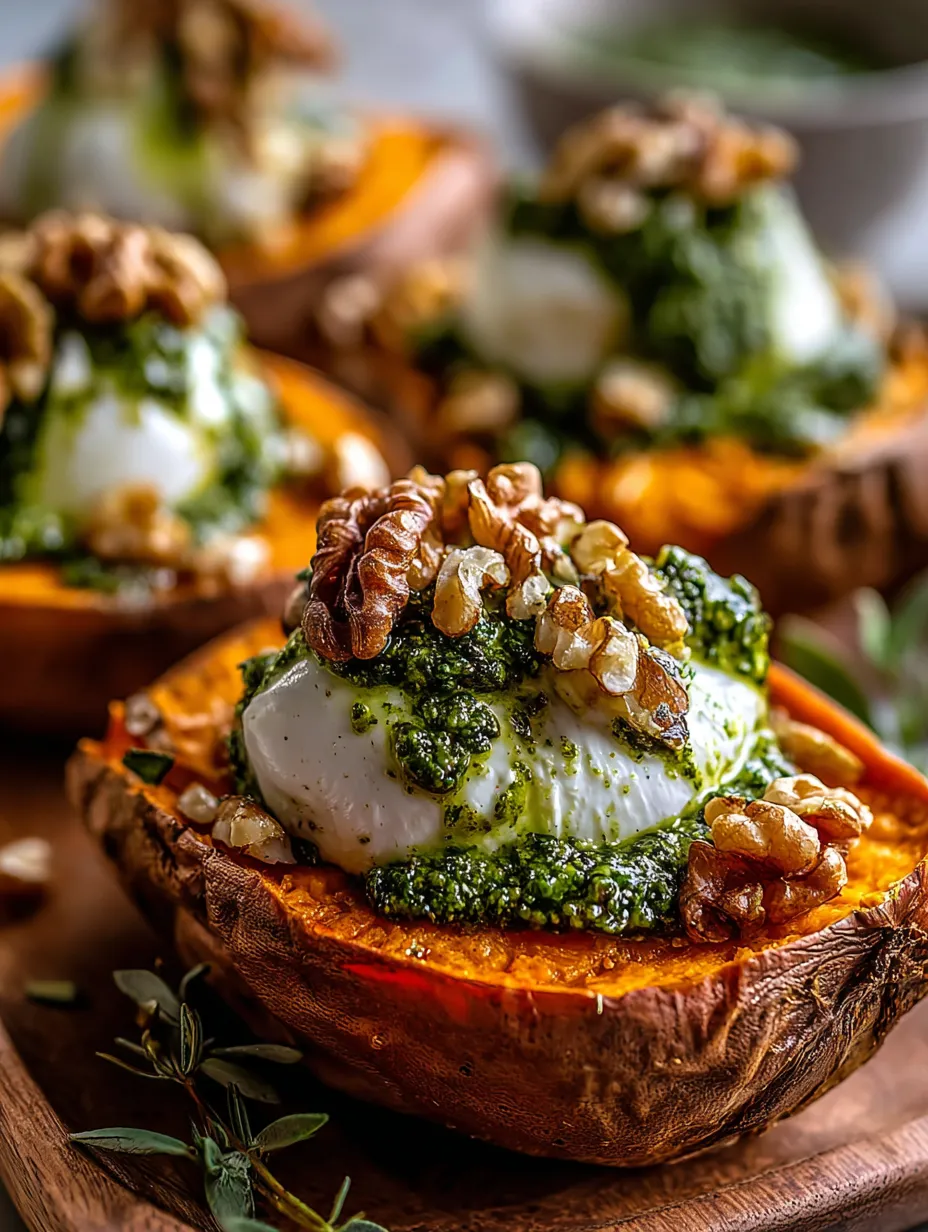 A wedge of baked sweet potato topped with creamy cheese and walnuts.