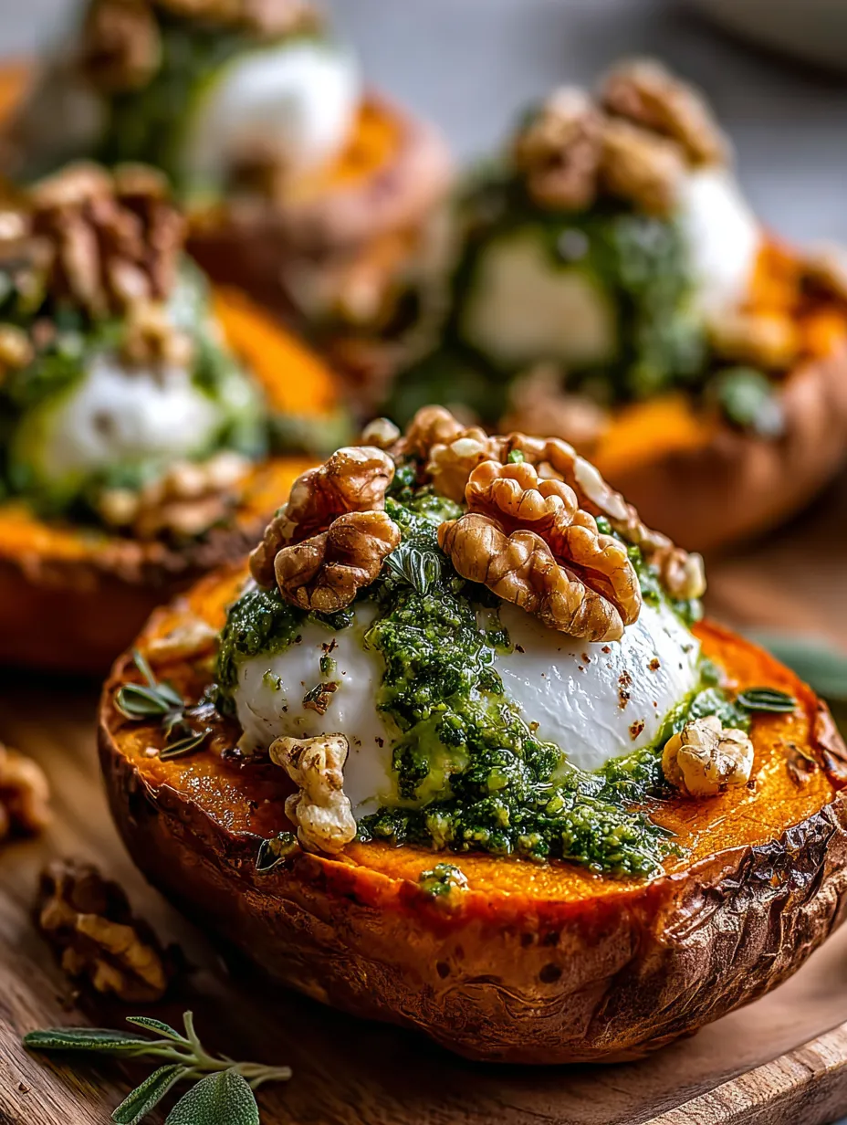 A roasted sweet potato slice finished with a walnut on top.