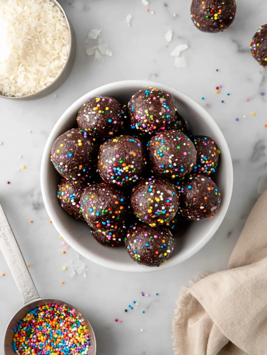 A bowl of chocolate covered cookies with sprinkles.