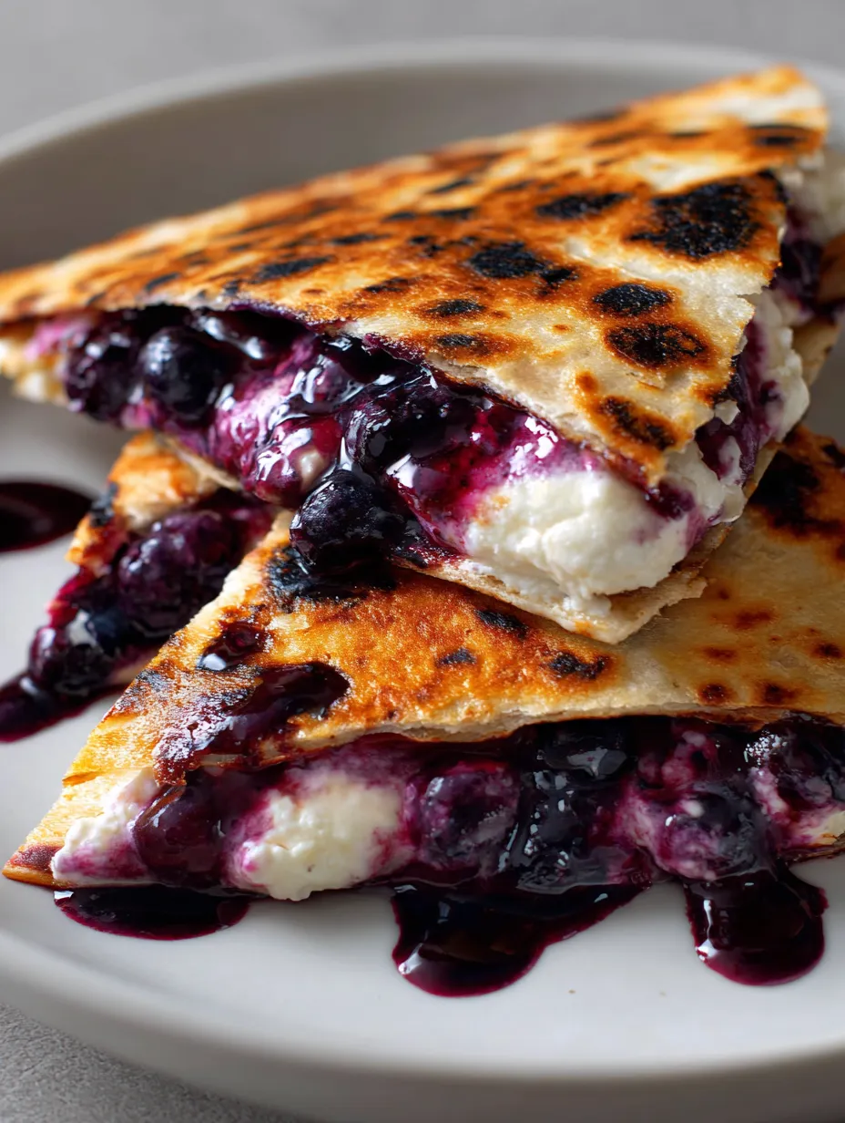 A plate with a blueberry and cream cheese quesadilla.
