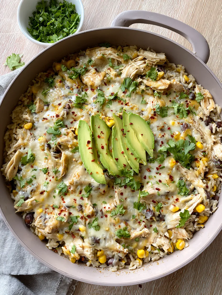 A bowl of food with rice, chicken, corn, and avocado.