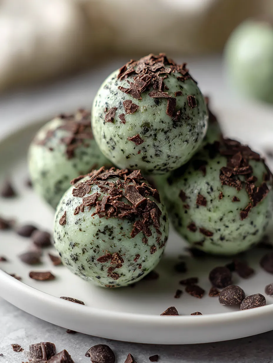 Minty chocolate snack balls on a white plate.
