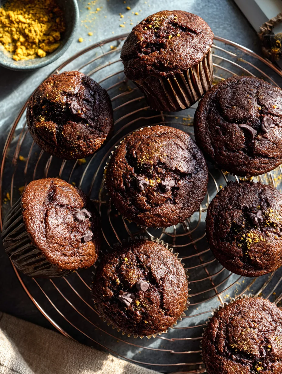 Stacked chocolate squash muffins with chocolate pieces.