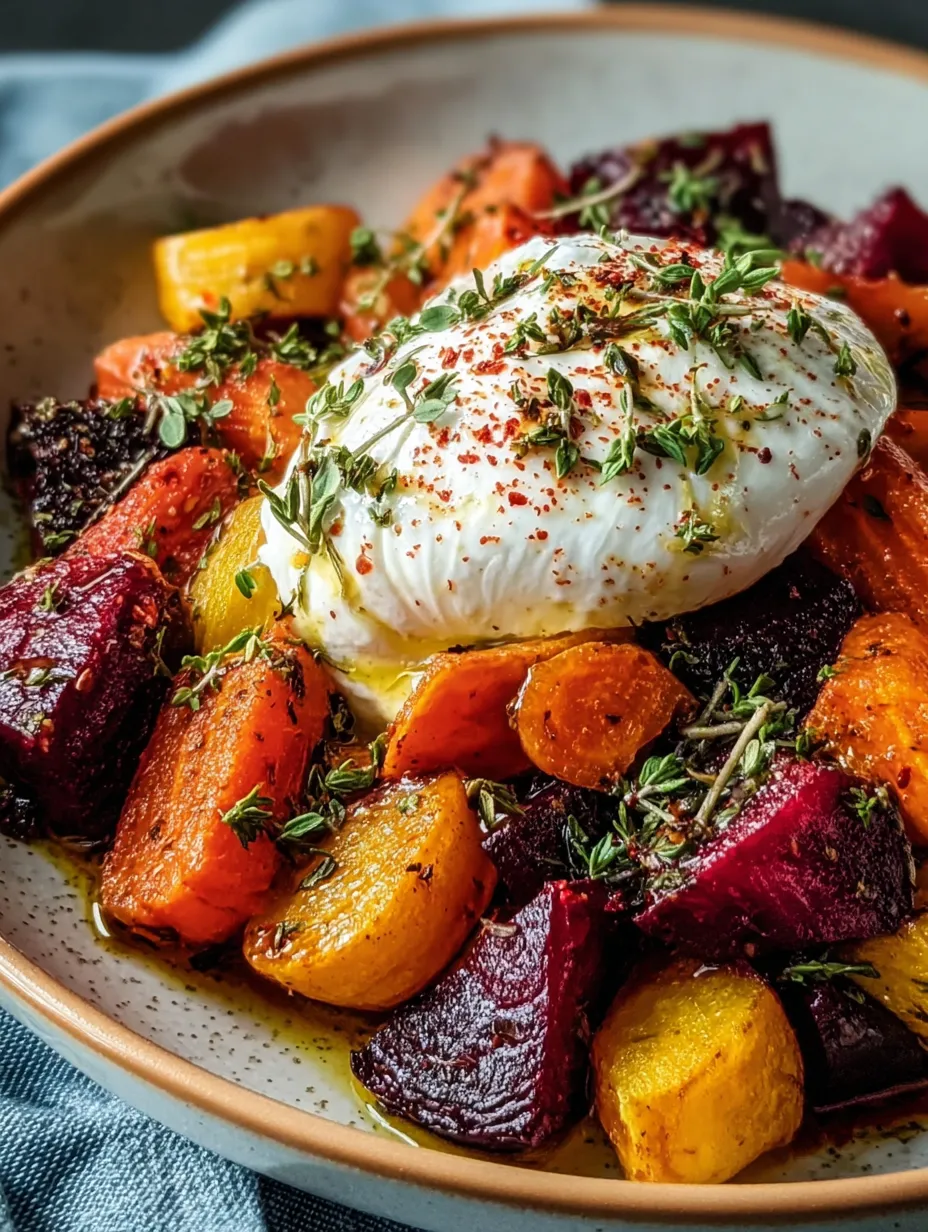 A bowl featuring Roasted Beets and Carrots with Burrata.