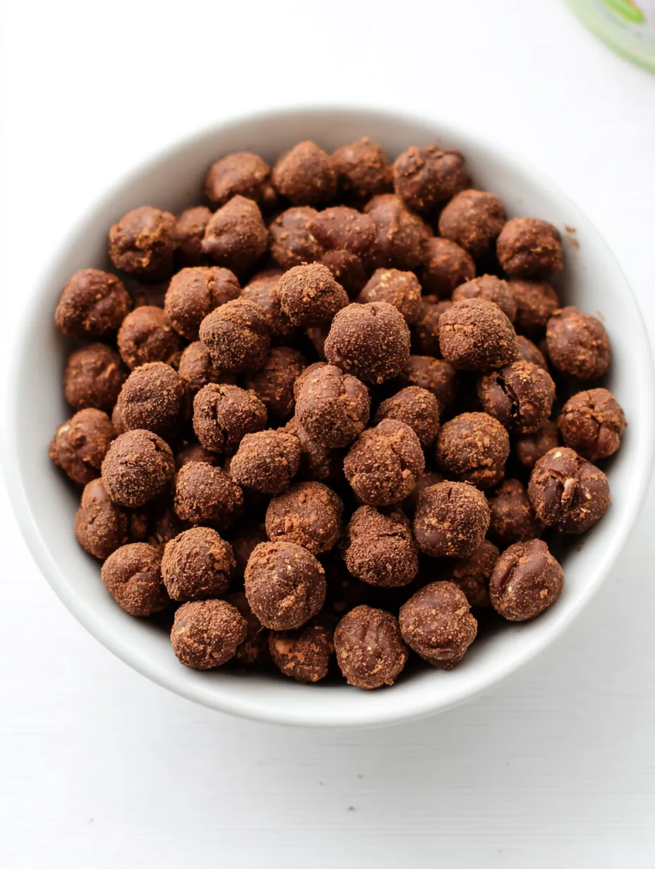 A bowl of crunchy cocoa air-fried chickpeas on a table.