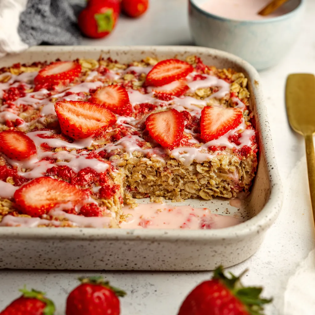 A pan of baked oatmeal with strawberries and buttery oats.