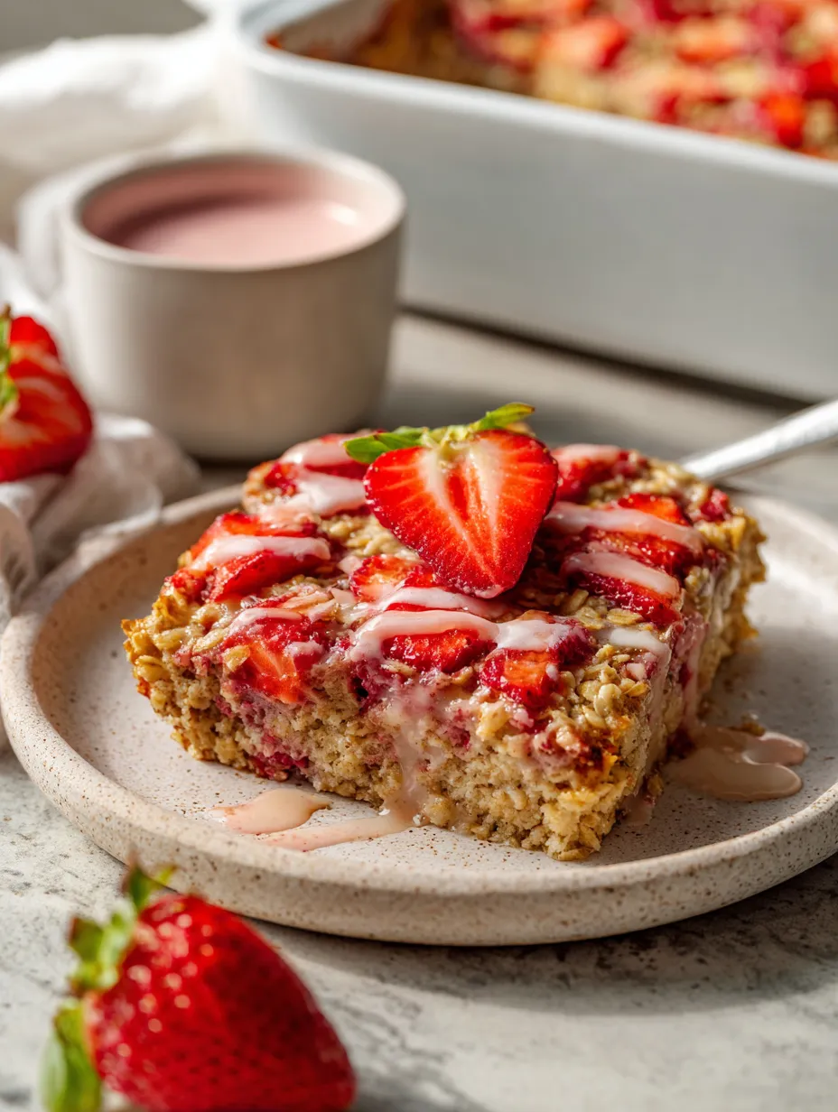Golden slice of brown butter strawberry baked oatmeal with juicy berries.