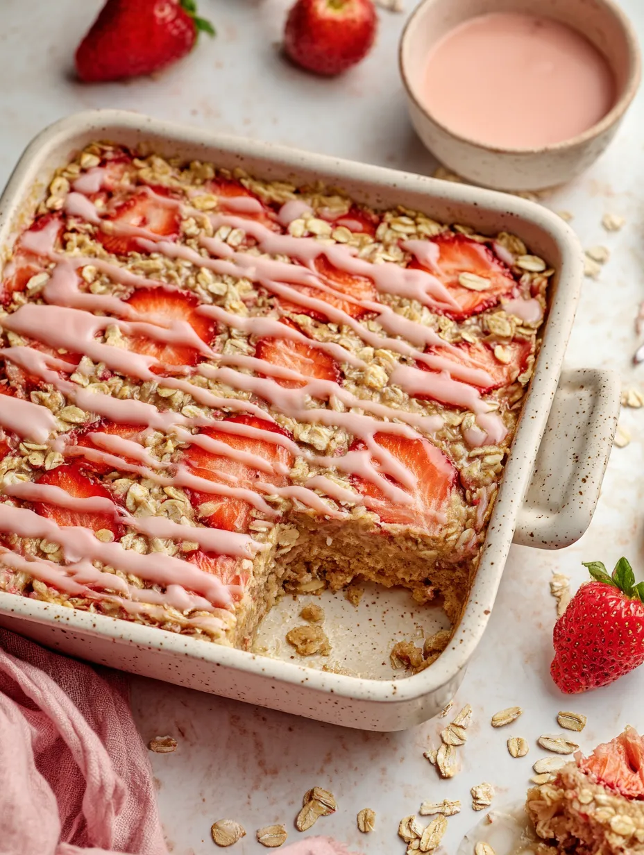 Simple brown butter strawberry oatmeal bake to slice and serve.