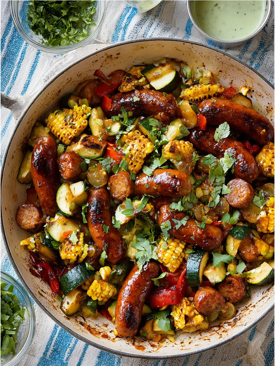 A bowl packed with sausage, corn, and zucchini goodness.