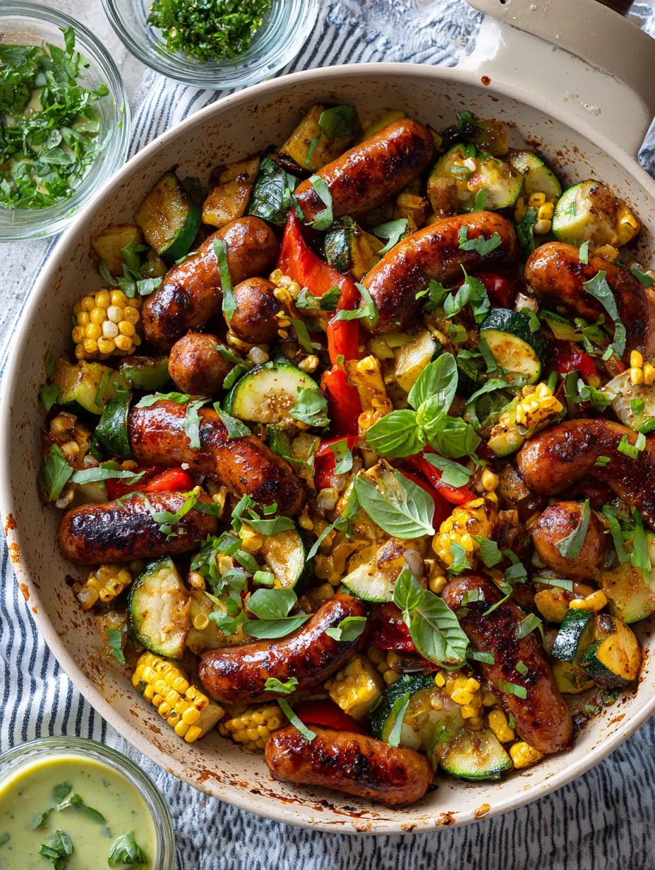 Hearty bowl filled with sausage and fresh mixed vegetables.