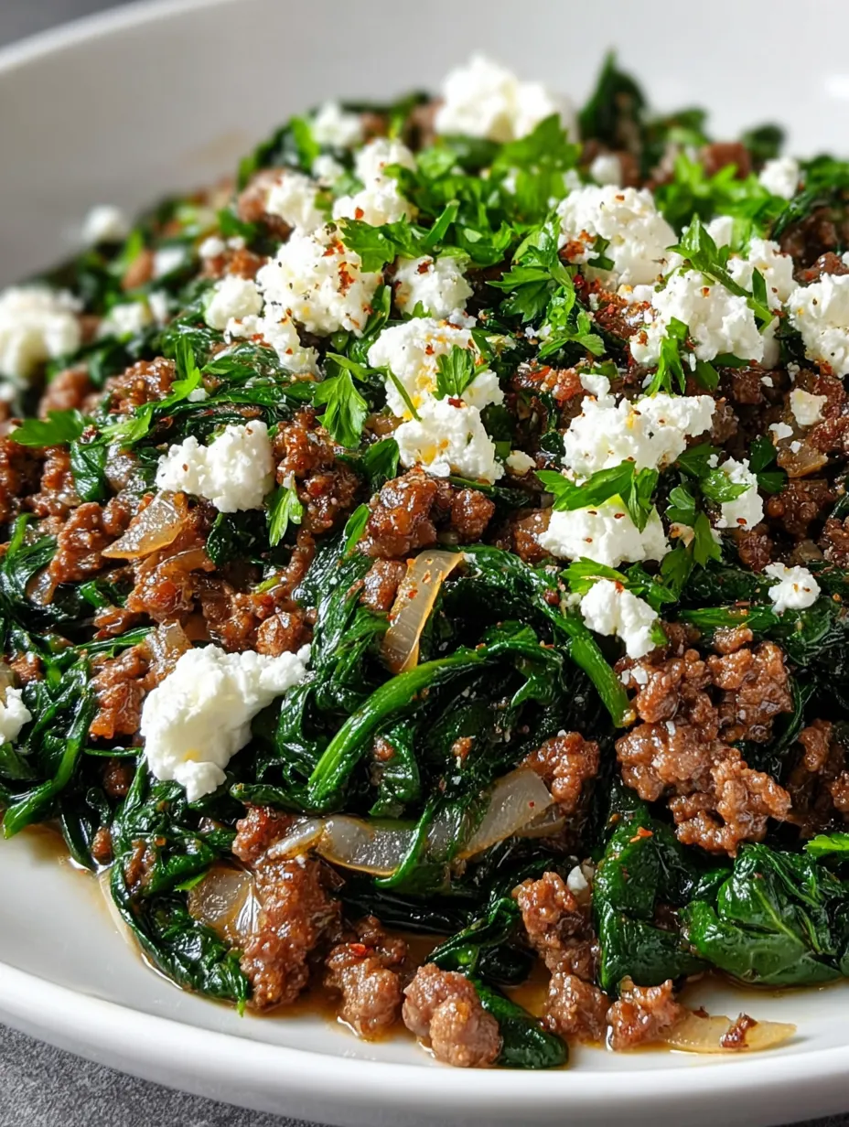 A plate with ground beef, spinach, and creamy feta.