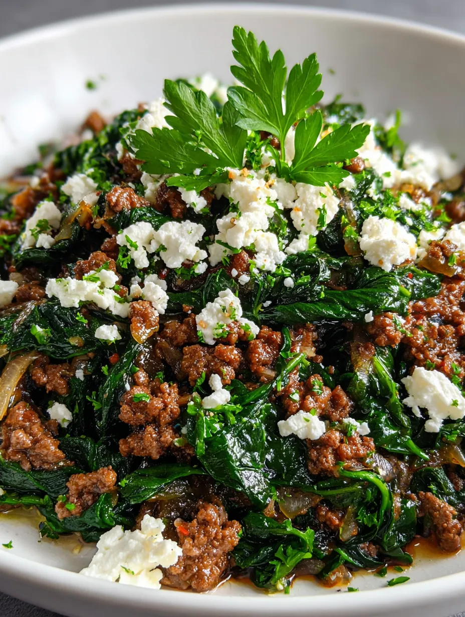 Sizzling beef, spinach, and feta in a skillet.
