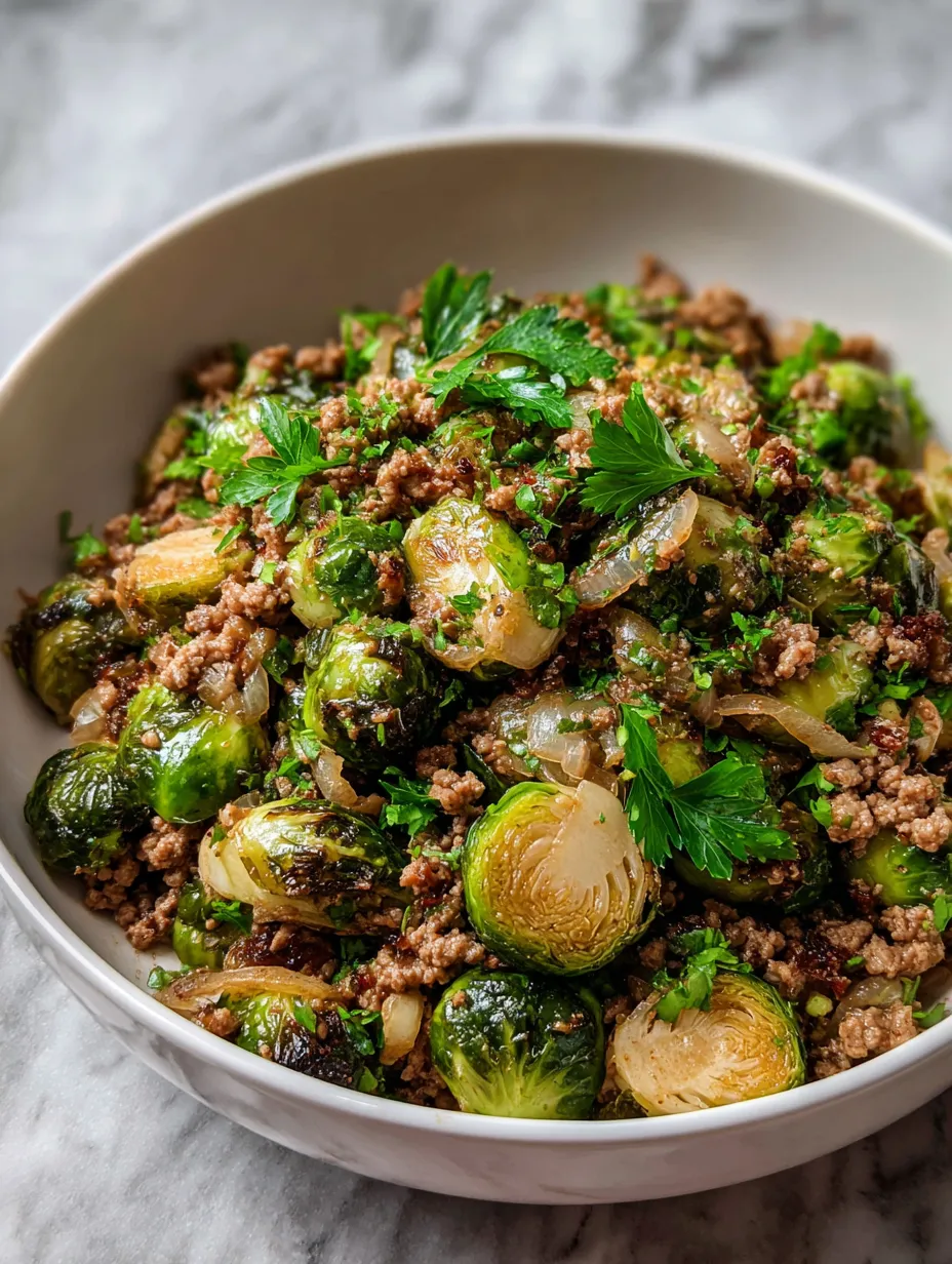 A bowl filled with a savory turkey and brussels sprouts skillet meal.