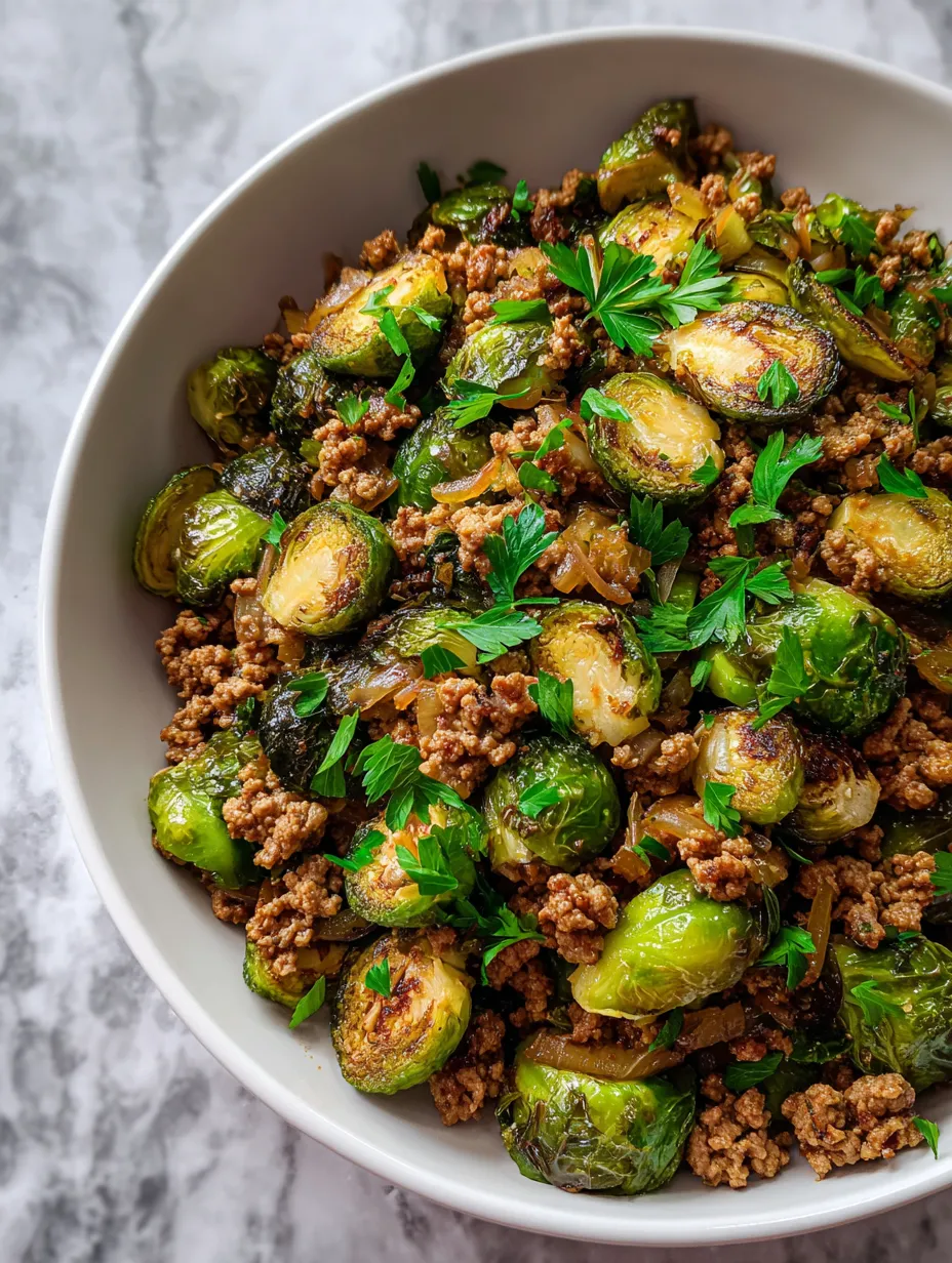Hearty skillet with brussels sprouts and ground turkey goodness.