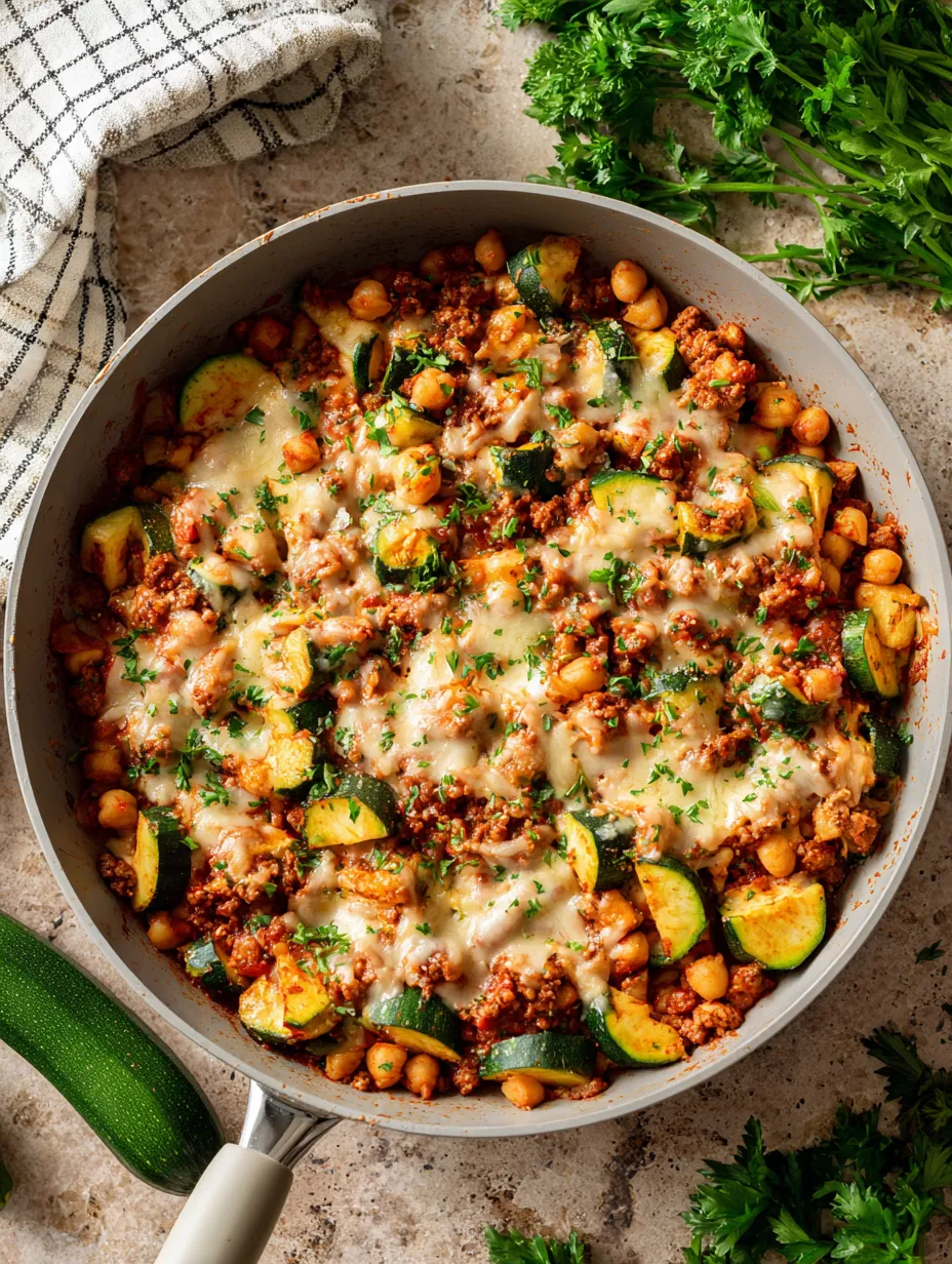 A bowl with zucchini, chickpeas, and ground meat.