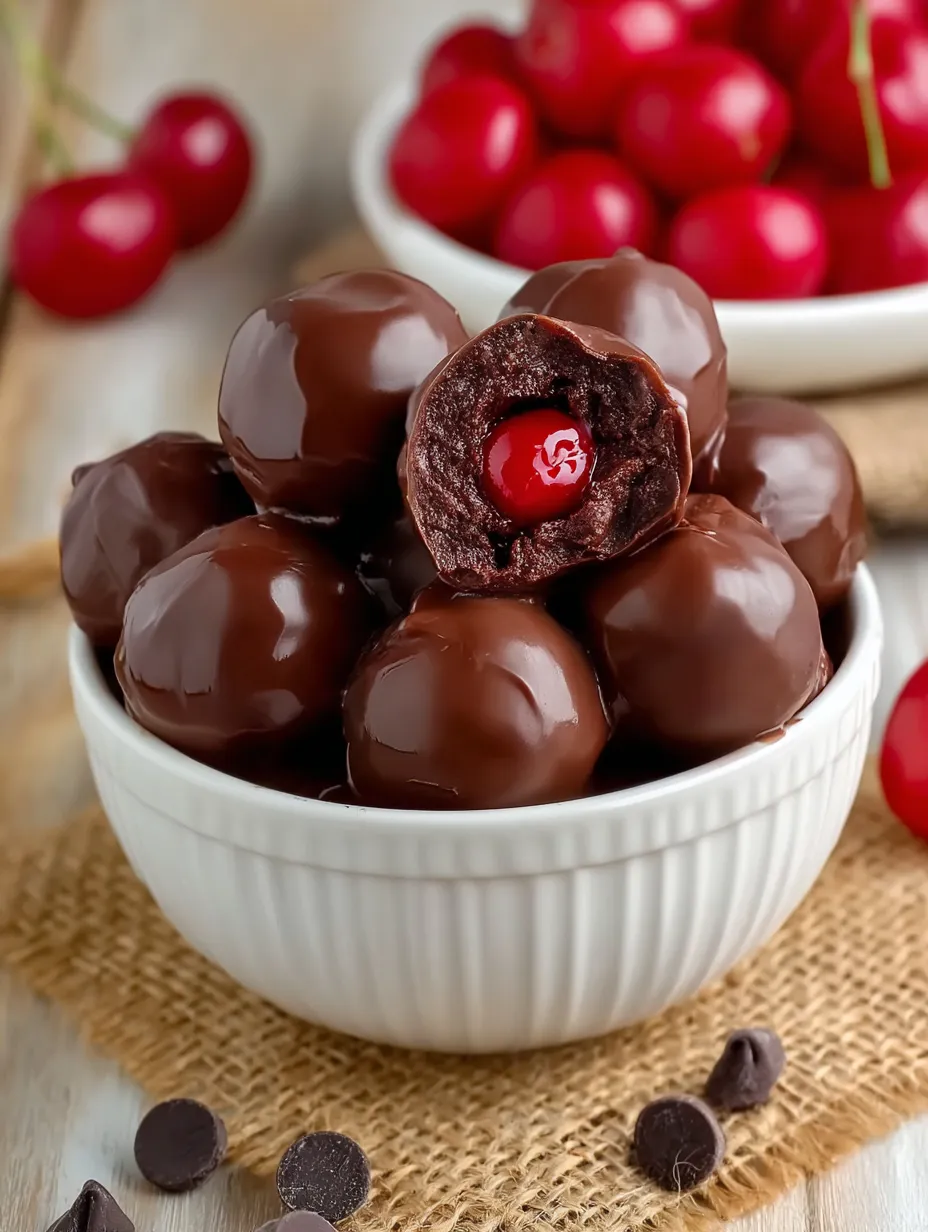 Bowl with chocolate treats and cherries inside.