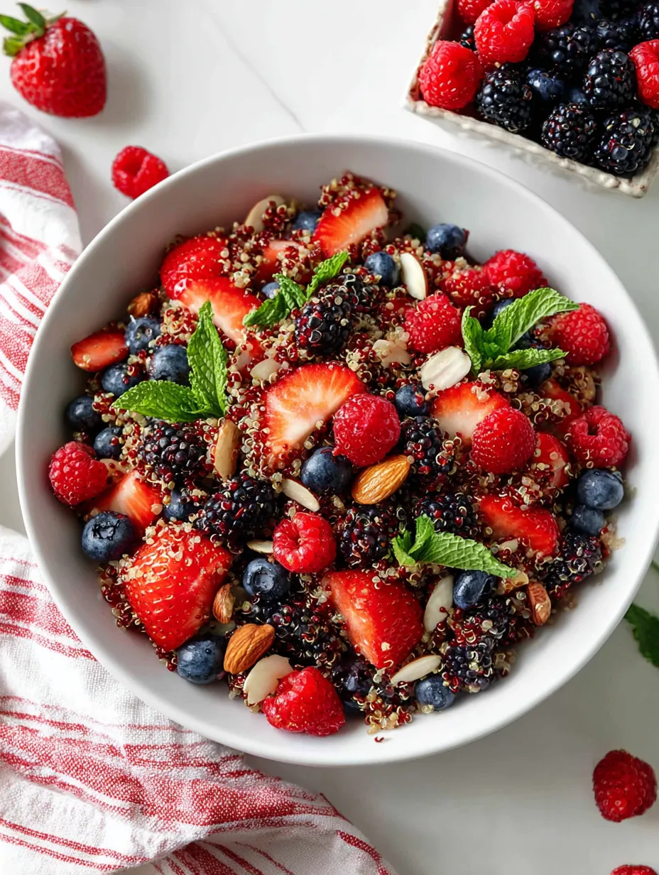 A bowl packed with fresh fruit and mixed quinoa.