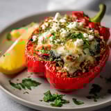A red pepper stuffed with greens and gooey cheese.