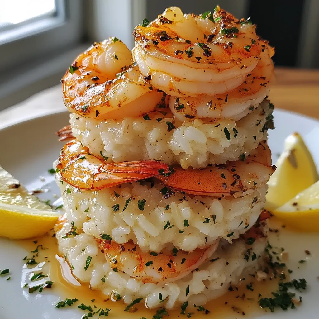 A stack of shrimp and rice with a lemon wedge on top.