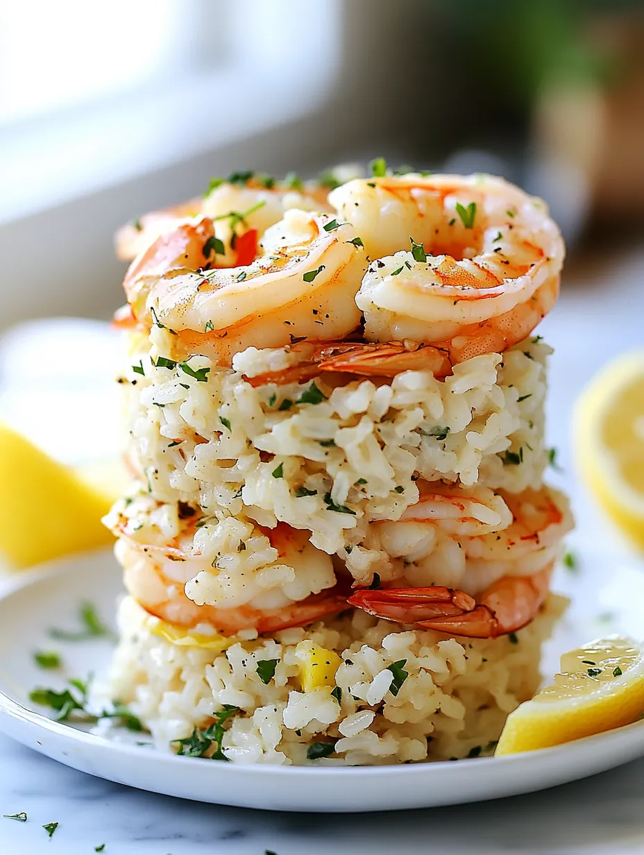 A stack of shrimp and rice on a plate with a lemon wedge on the side.